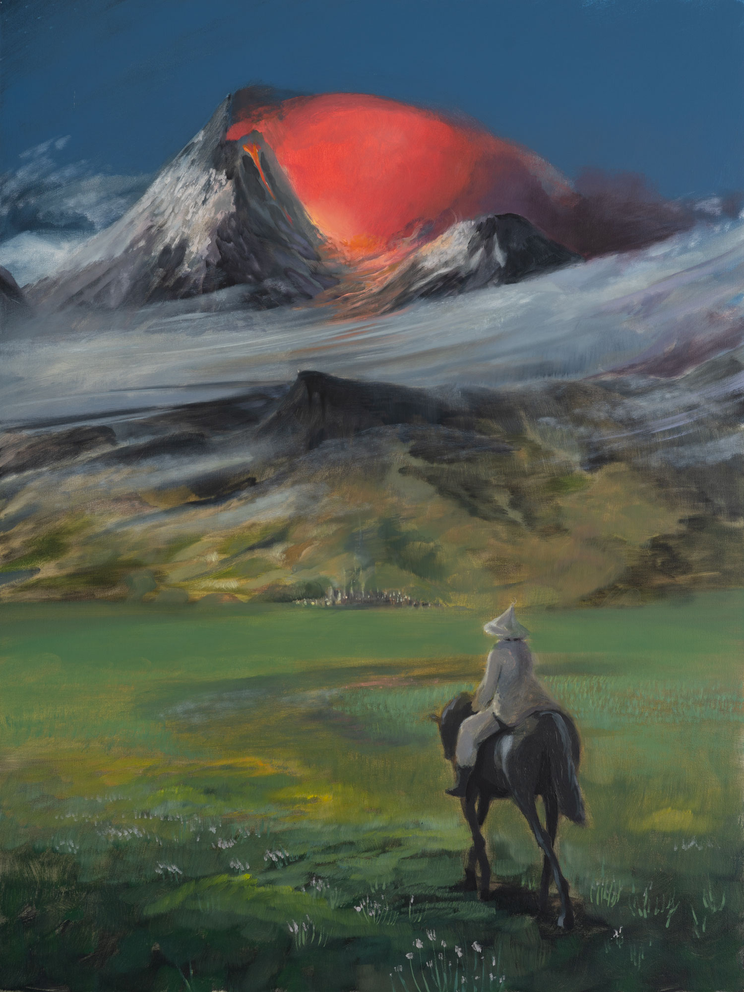 An oil painting of a wizard on horseback approaching a volcano cloaked in mist